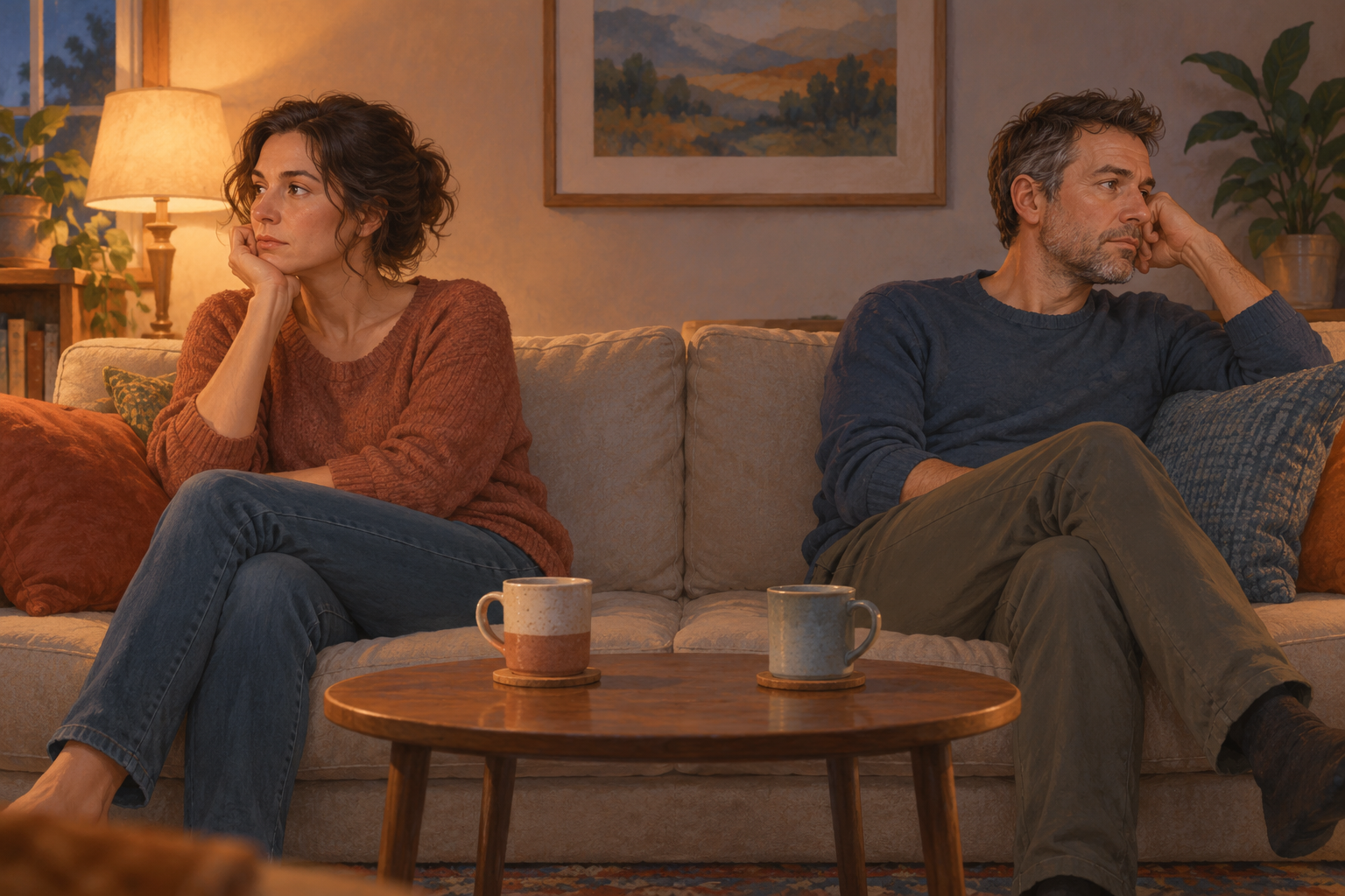 A woman in a rust-colored sweater and a man in a blue sweater sit apart on a sofa, with two mugs on the coffee table.