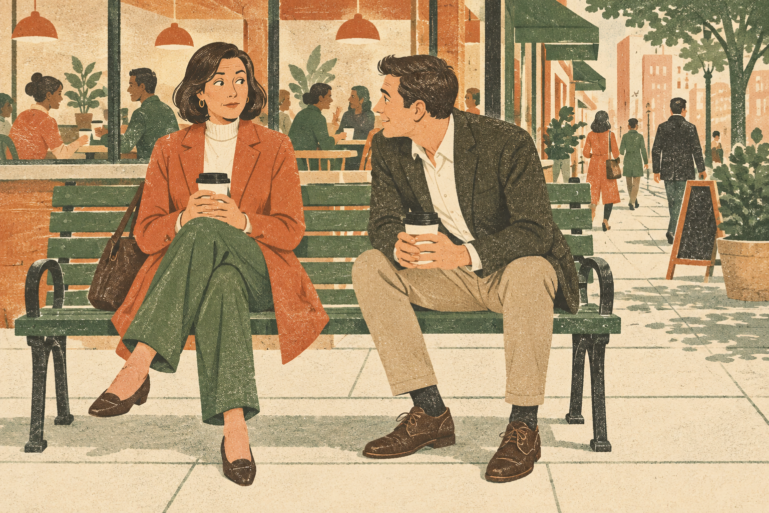 Two adults hold takeaway coffees on a bench outside a café; she looks puzzled as he leans toward her.