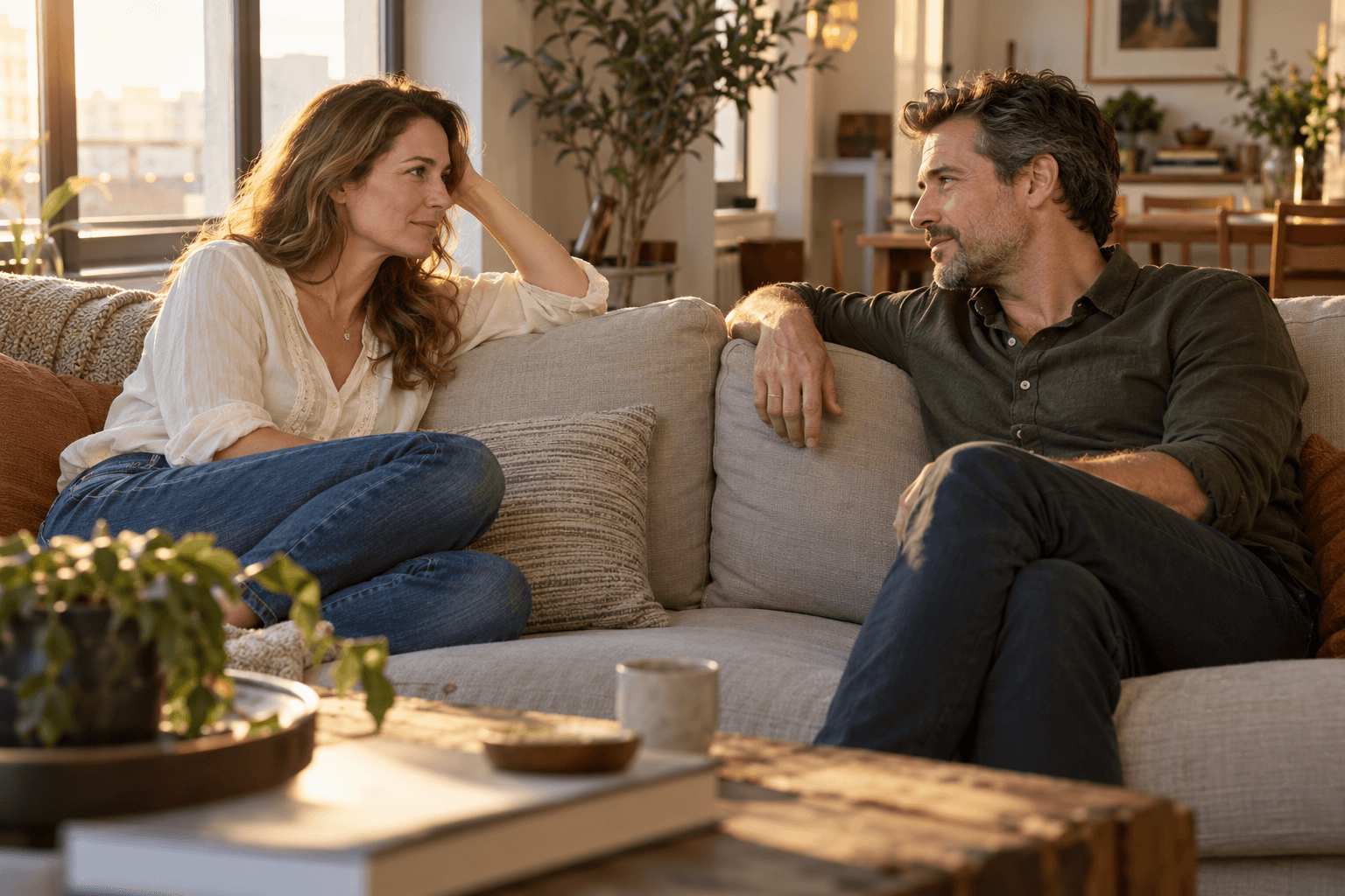 An adult man and woman talking together on a sofa in afternoon light.