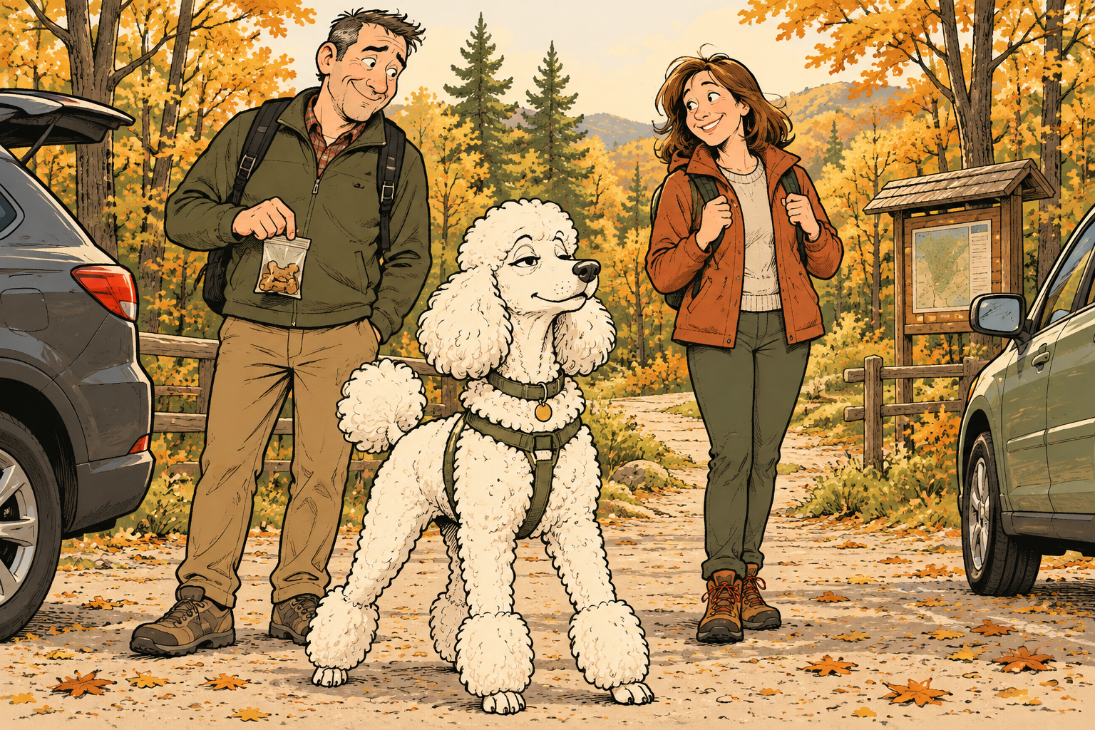 A man and woman stand at a woodland trailhead with a poodle between them; he holds a small bag of dog treats.