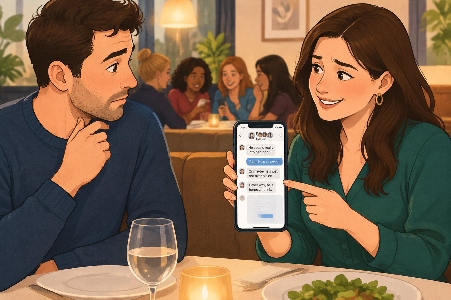 A woman points to a message on her phone while sitting across from a man at a restaurant table; several friends sit behind them.