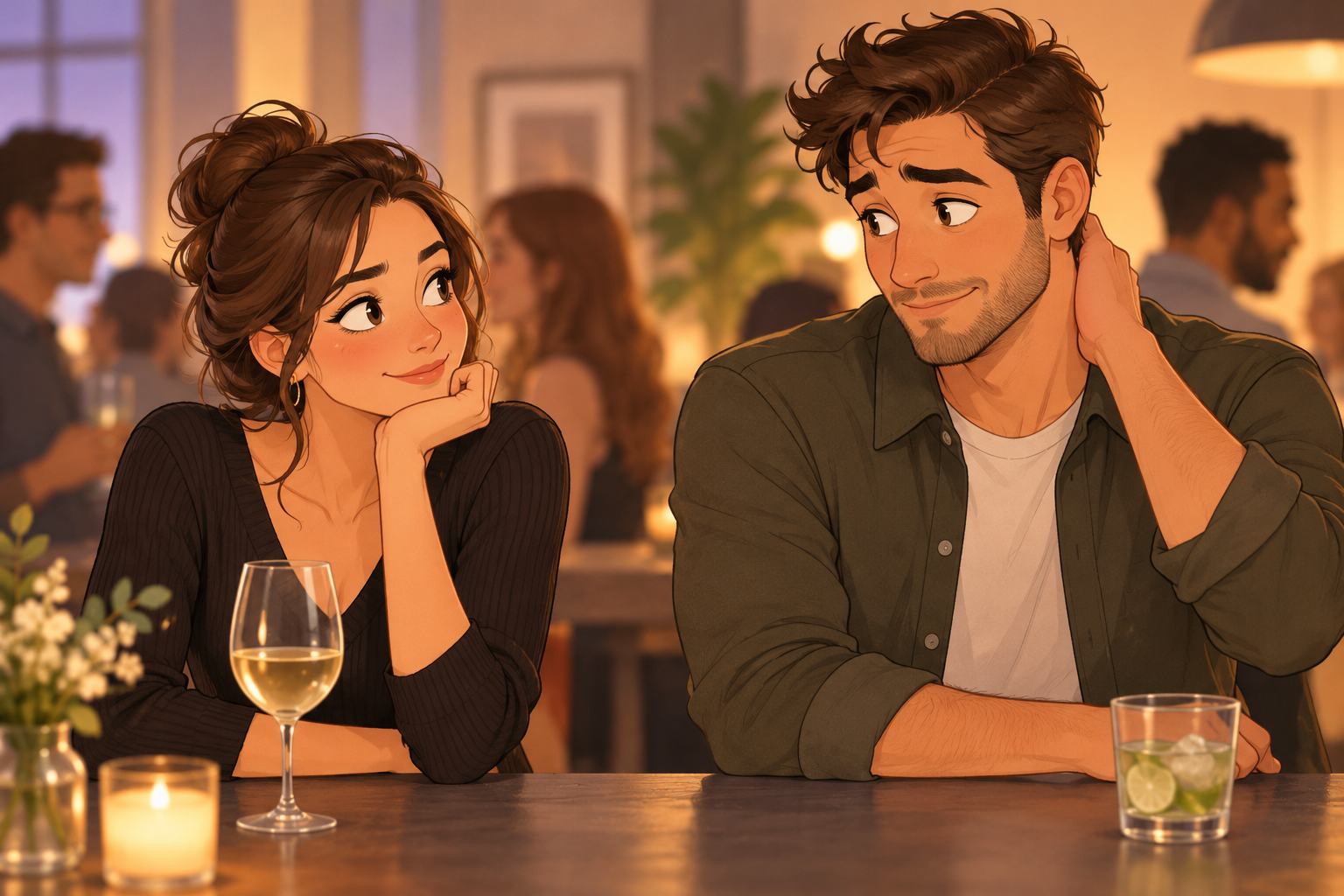 Cartoon of a woman resting her chin on her hand beside a man touching the back of his neck at a warmly lit table.