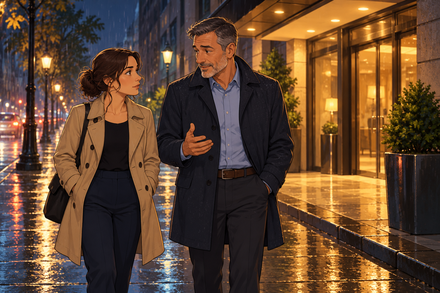 Illustration of an adult woman and an older man talking as they walk beside a brightly lit entrance in the rain.