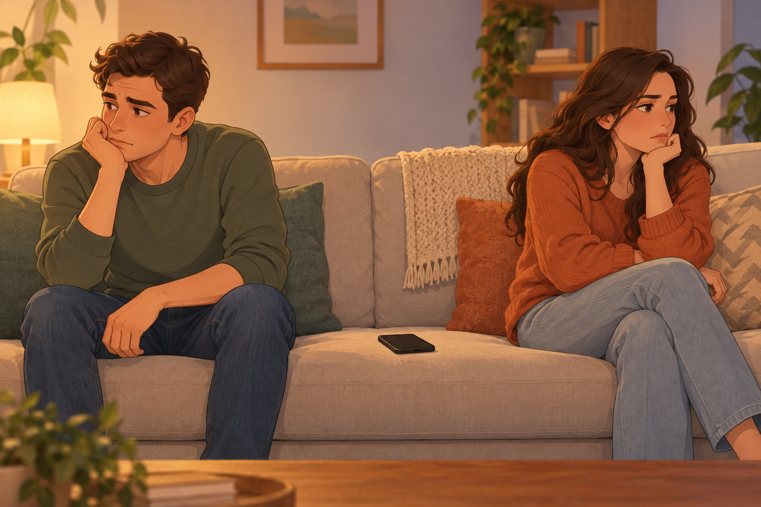 Illustration of a clothed man and woman looking away from each other on a sofa, with a phone on the empty middle seat.