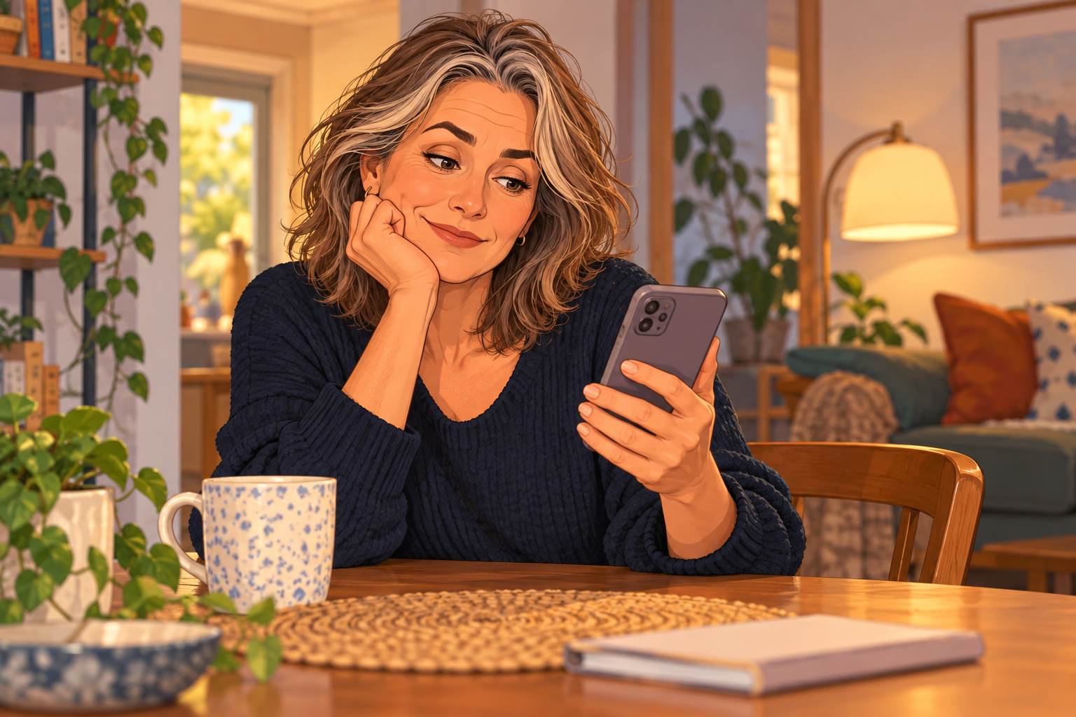 Illustration of a woman in a navy sweater holding a phone, with her cheek resting on her other hand.