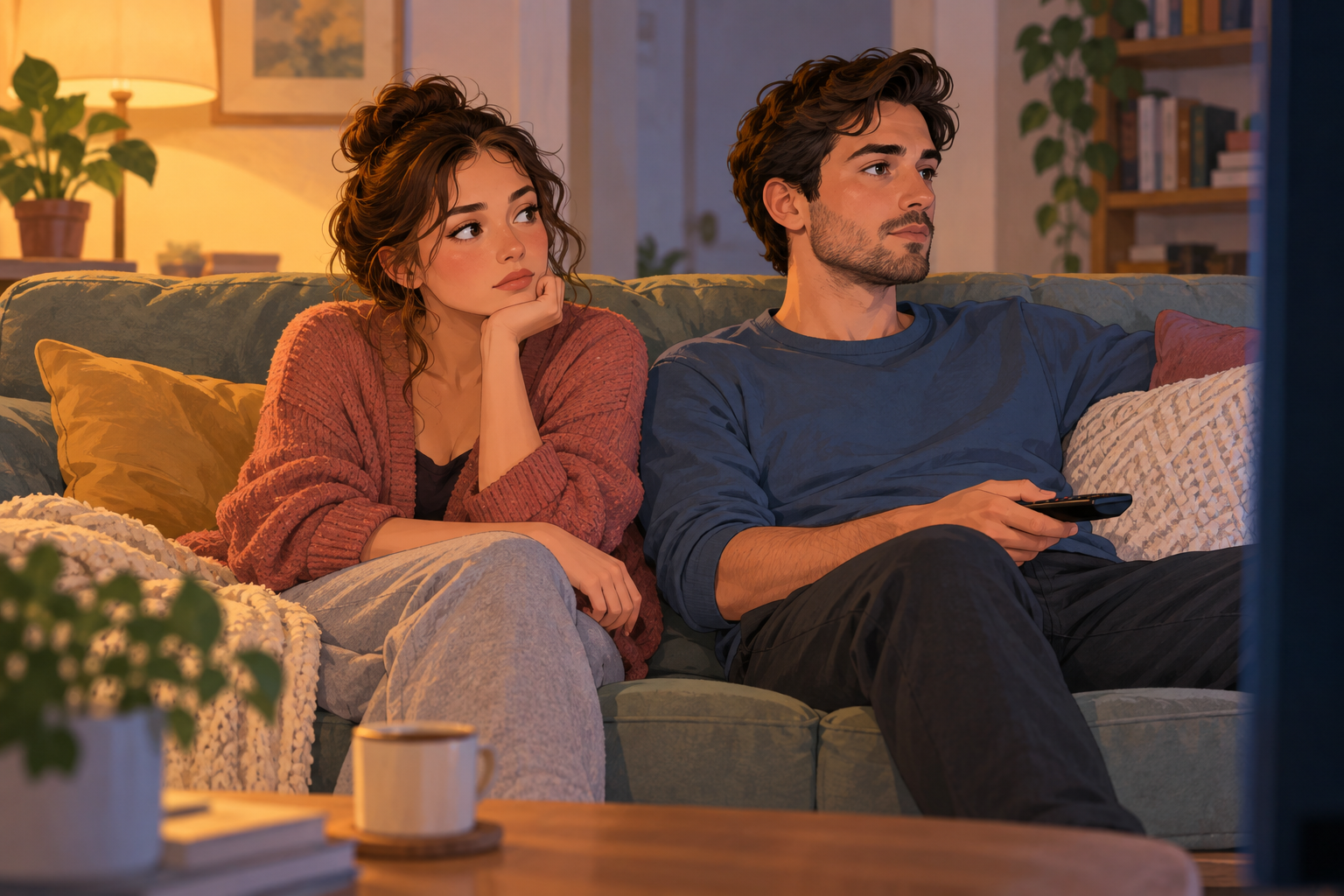 Illustration of a woman looking toward a man on a sofa as he holds a remote and looks toward a television.