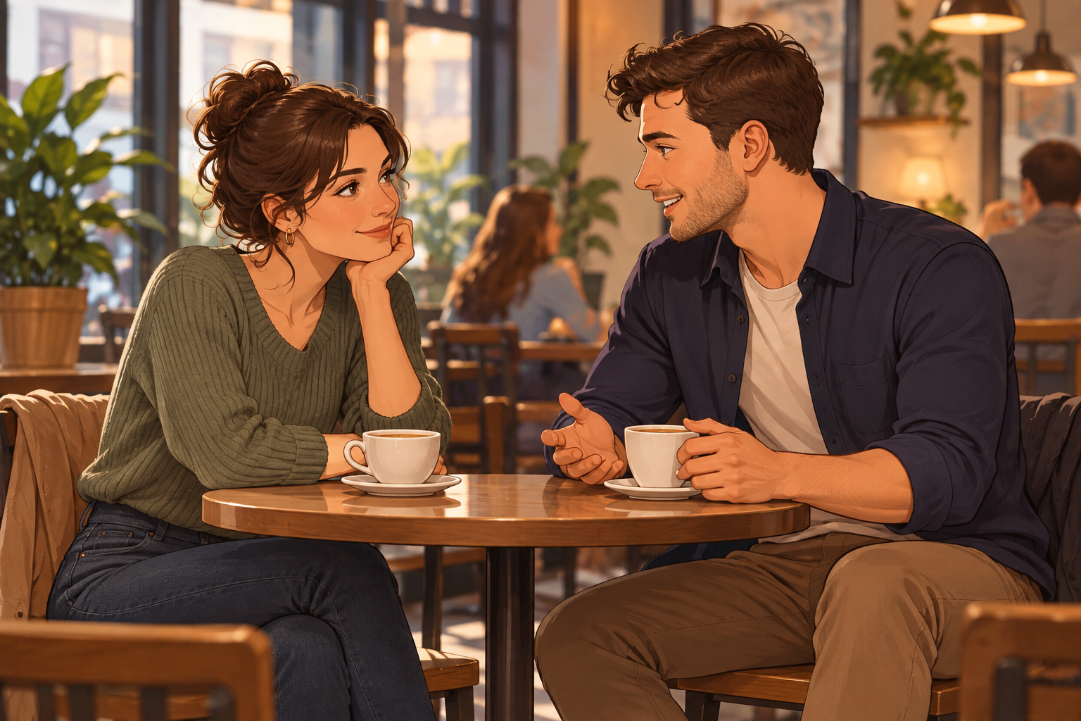 A woman in a green sweater and a man in a dark shirt talk over coffee at a round café table.