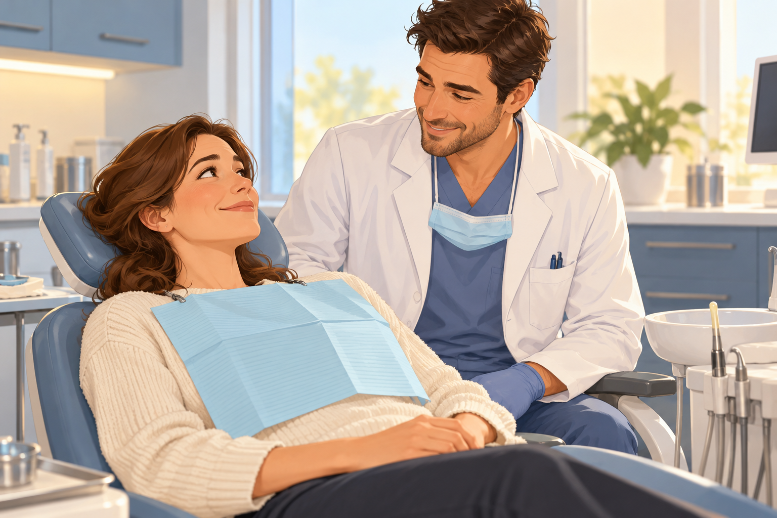 A fully clothed woman reclines in a blue dental chair as a dentist in a white coat smiles beside her.