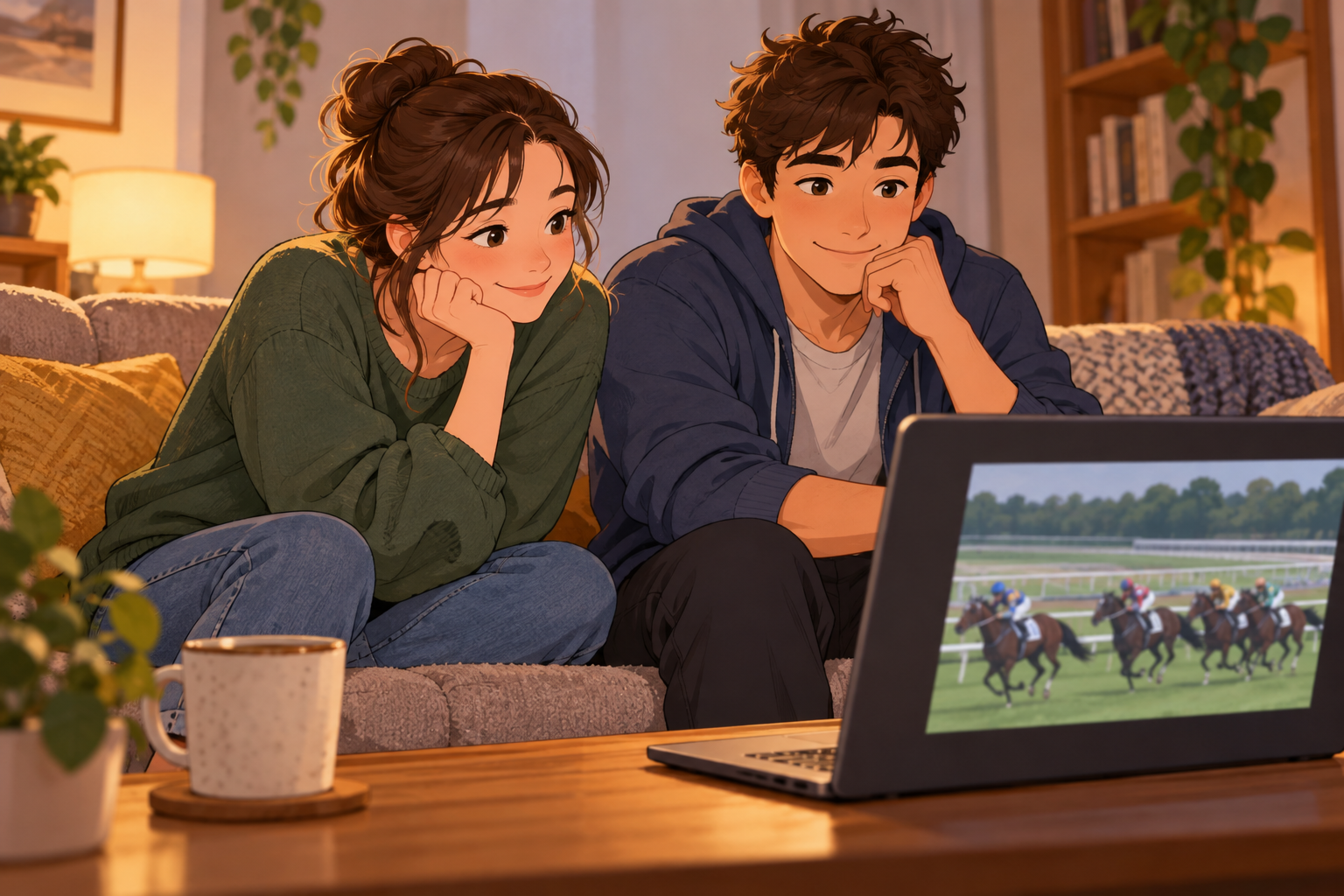 A woman in a green sweater and a man in a blue hoodie sit on a sofa beside a laptop showing racing horses.