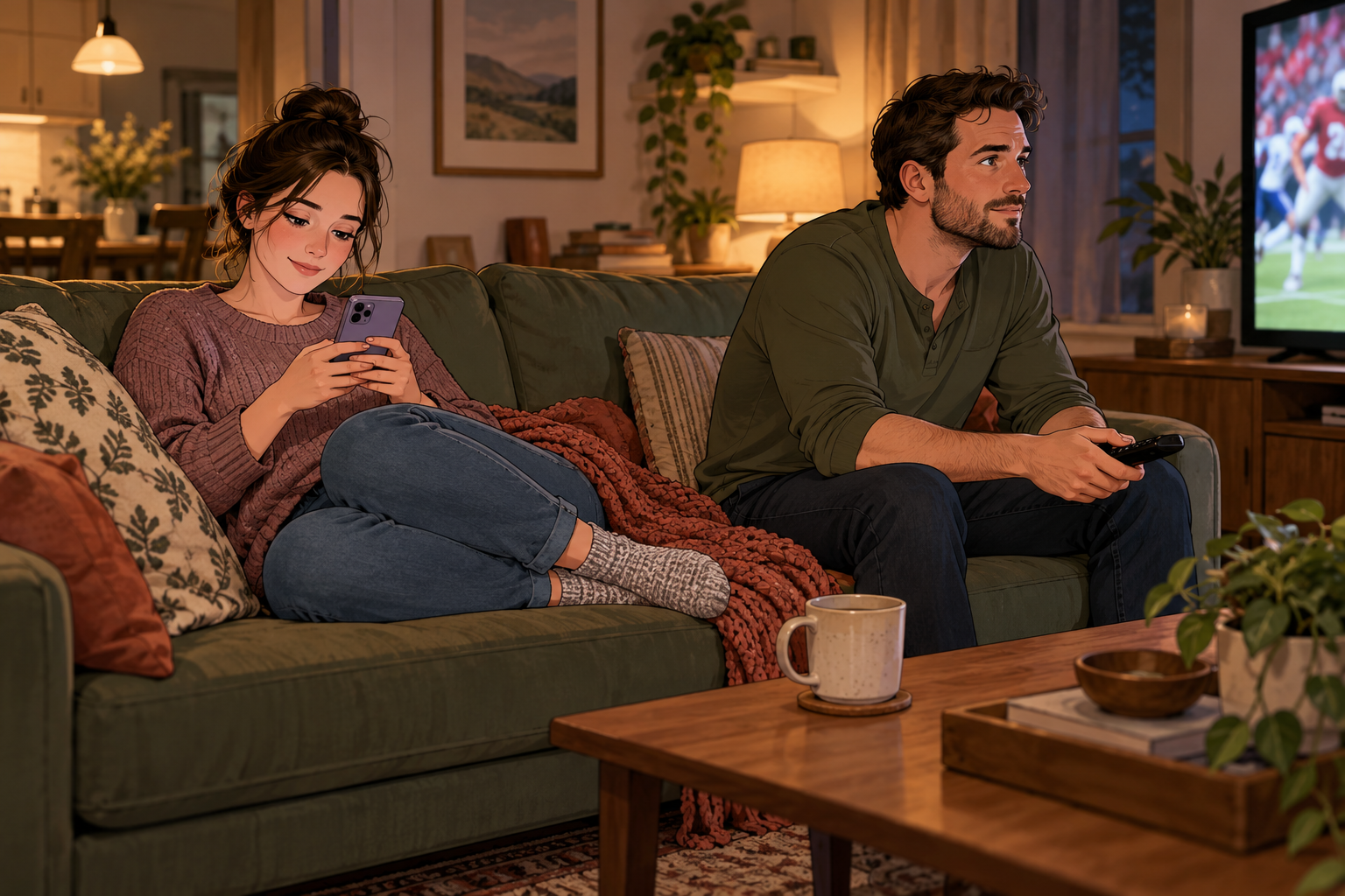 Illustrated adult couple on a sofa, with the woman using her phone and the man watching television.