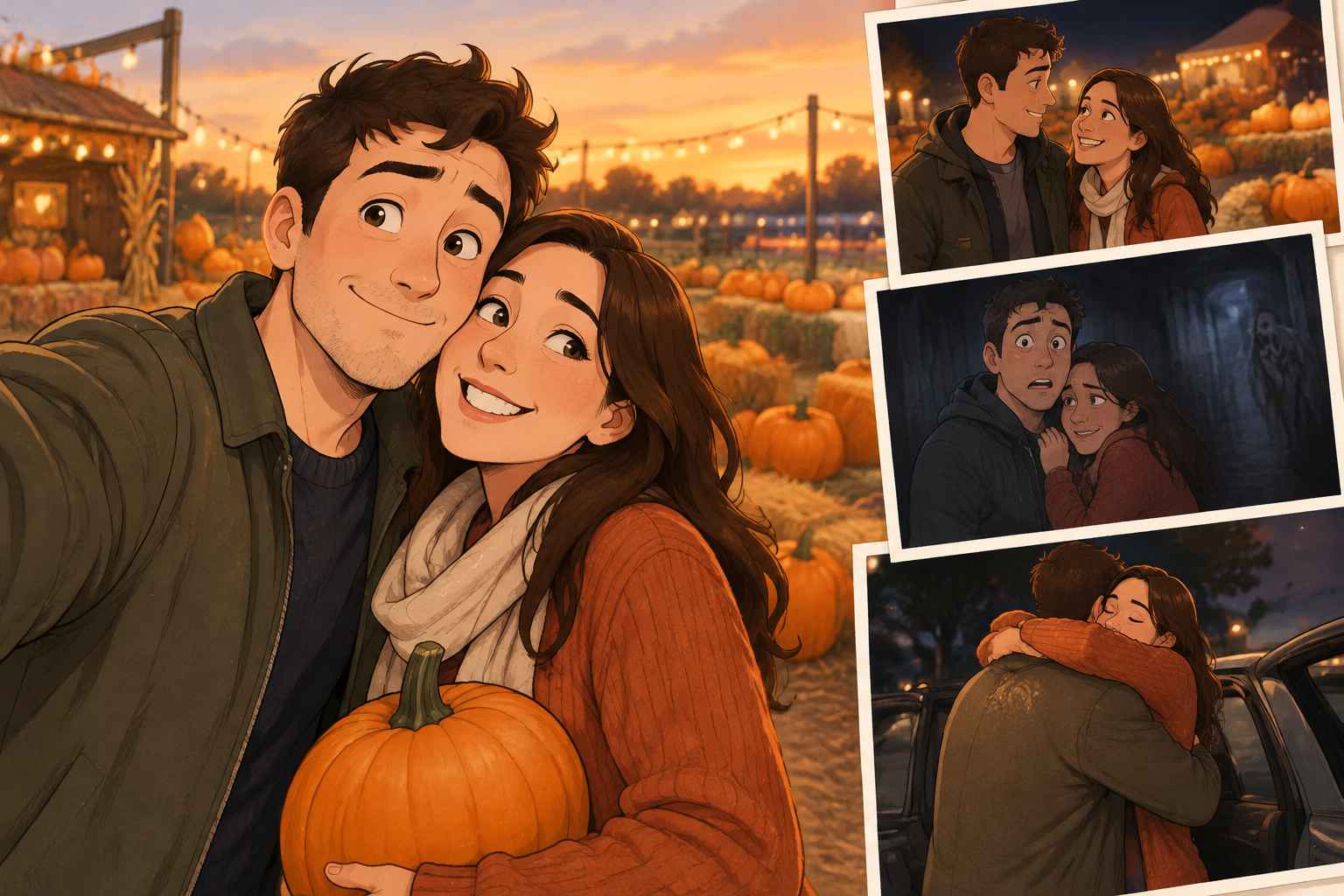 Illustrated couple-like snapshots of a man and woman at a pumpkin patch, in a dark attraction, and hugging beside a car.