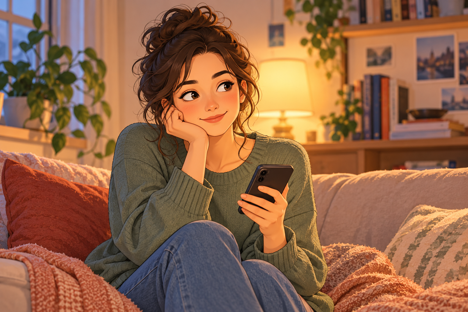 Illustration of a woman in a green sweater holding a phone, with her cheek resting on her other hand.