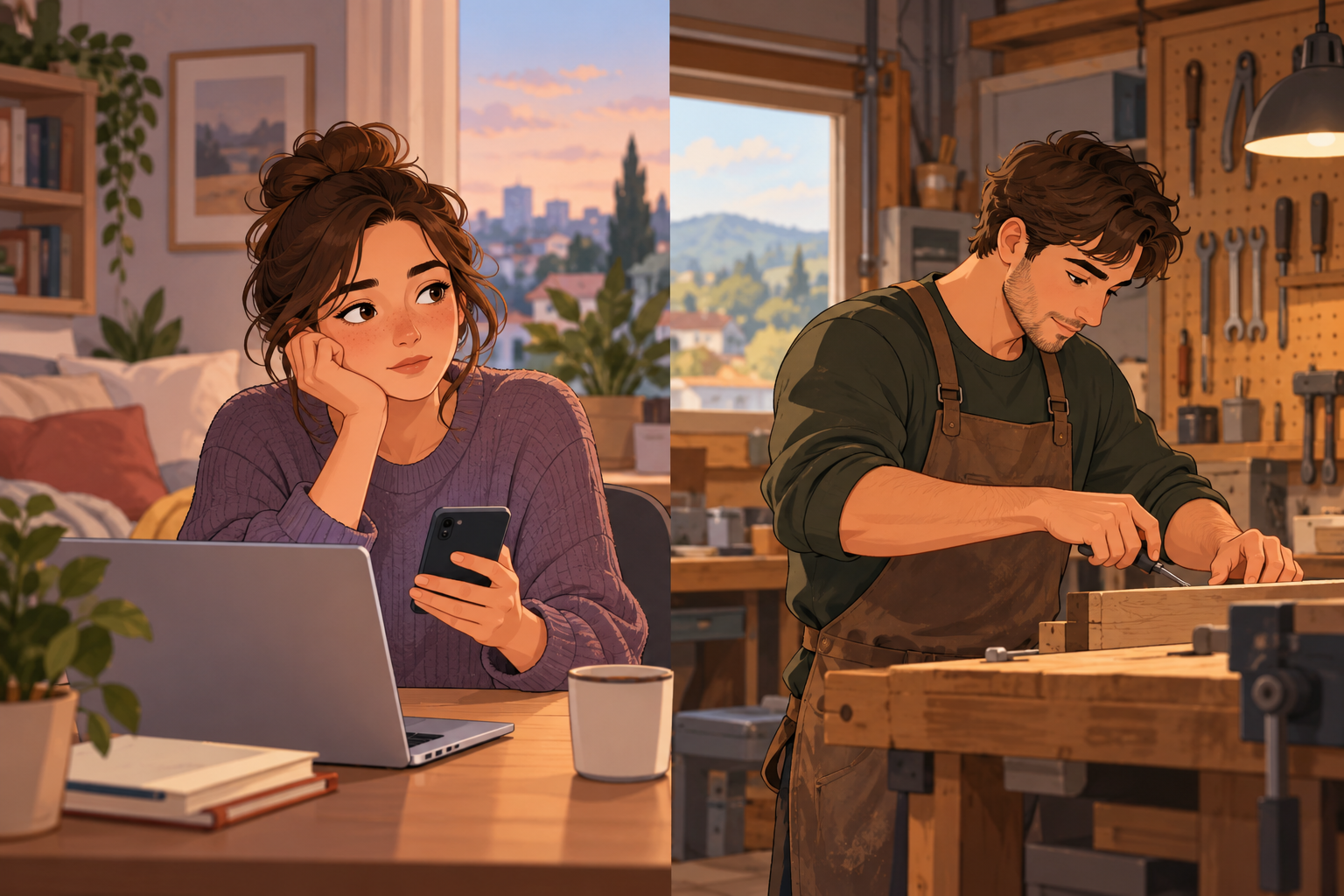A woman sits beside a laptop holding a phone, while a man works with a hand tool at a wooden bench in a separate scene.