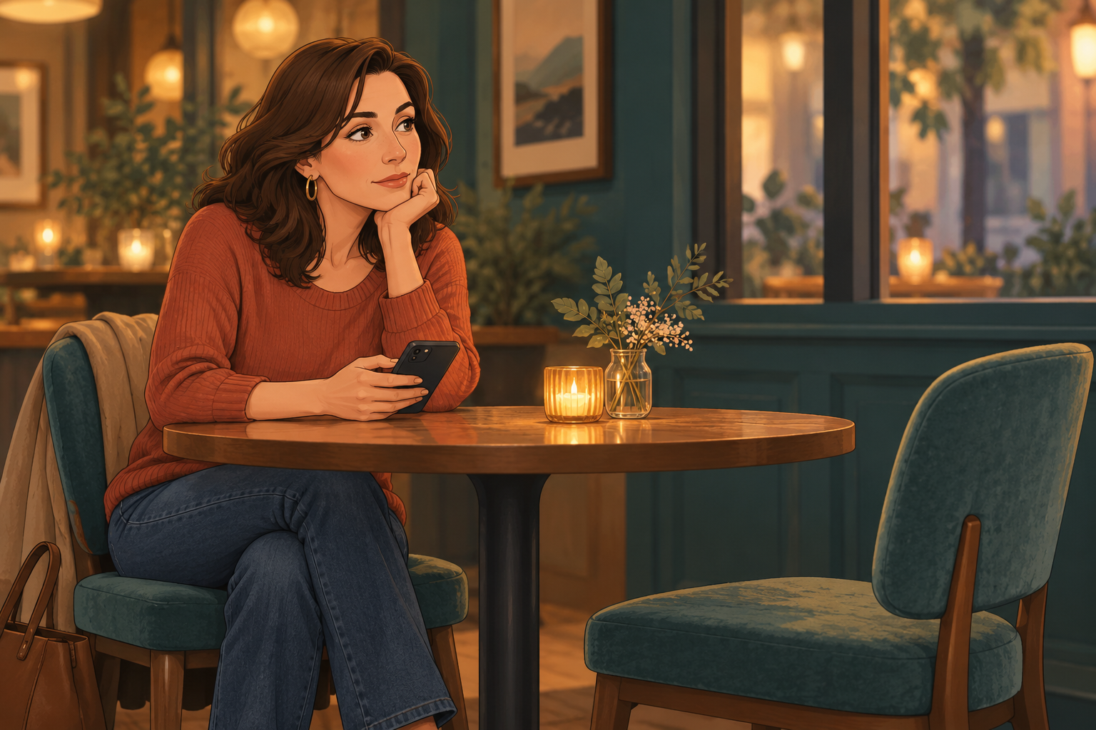 Illustration of a woman holding a phone at a round table with an empty teal chair opposite.