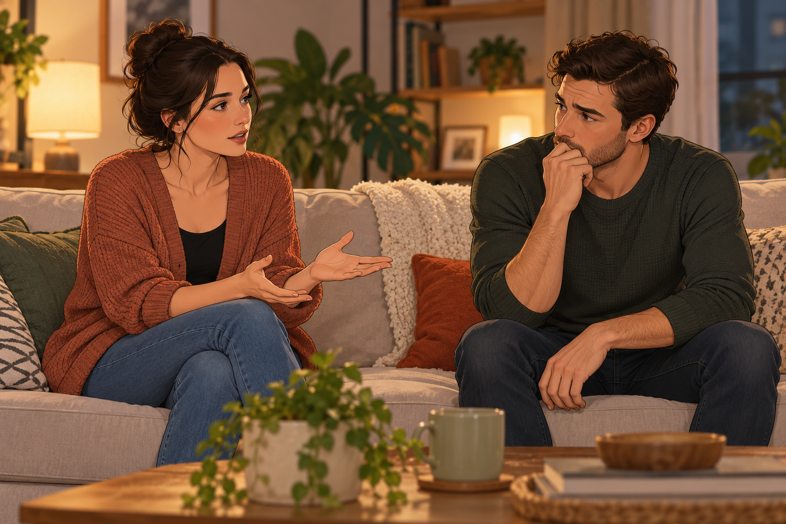 Illustration of a woman gesturing with open hands and a man listening on a sofa in a warmly lit room.