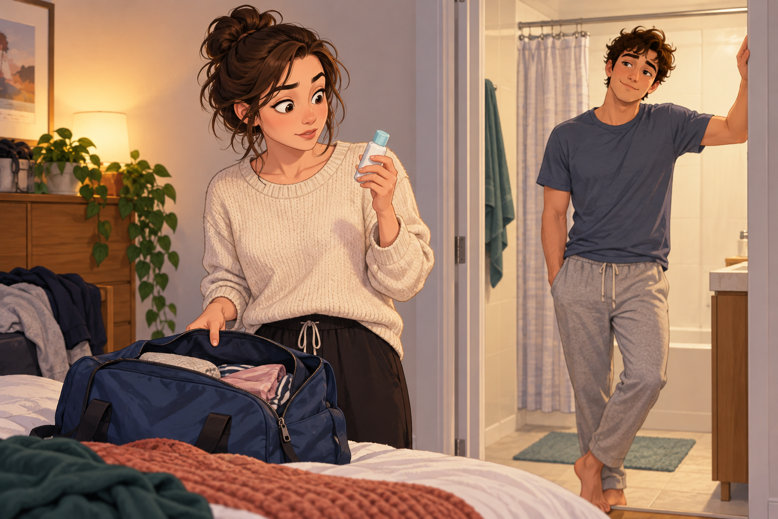 Cartoon of a clothed woman holding a small bottle beside an open duffel, with a clothed man in the bathroom doorway.
