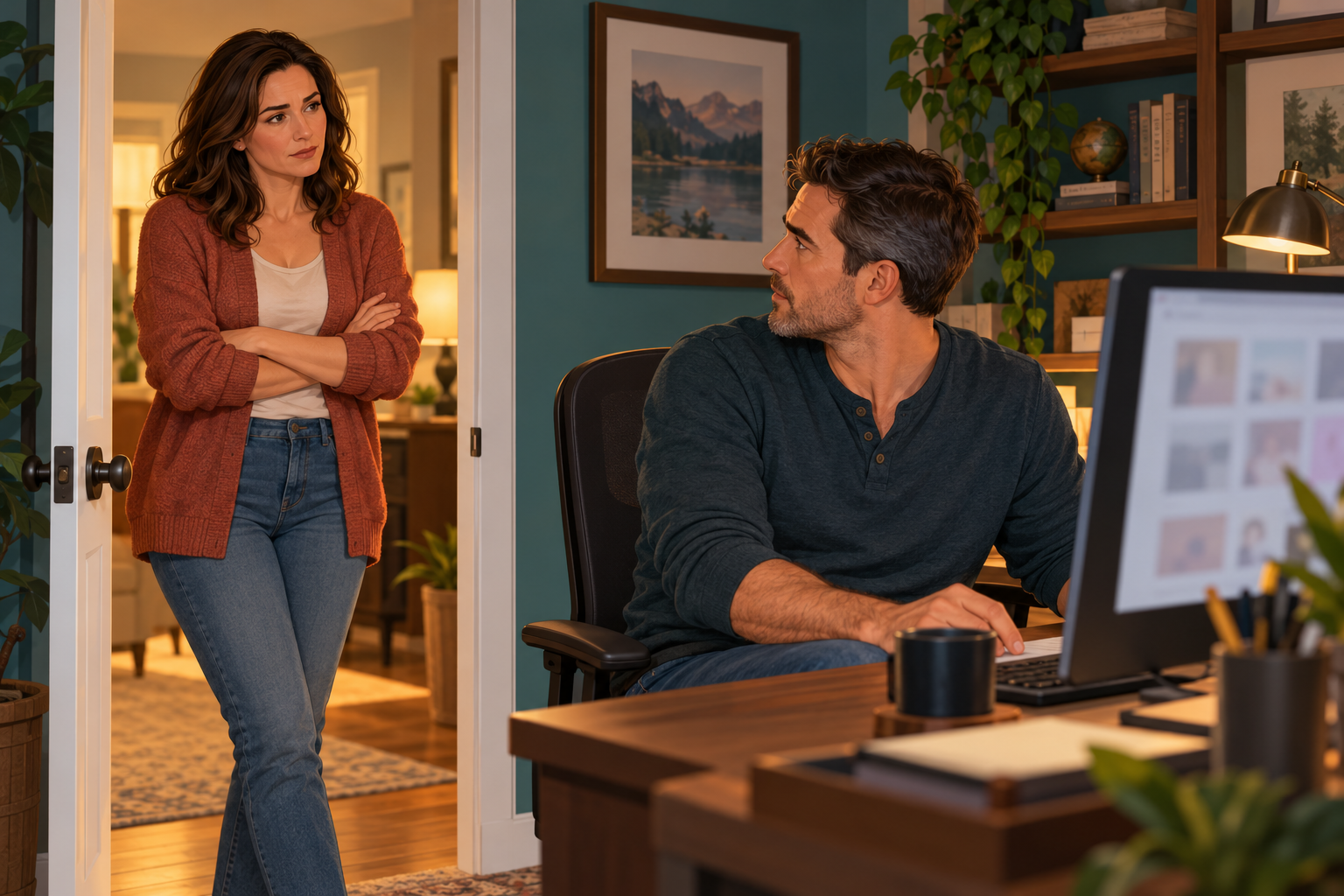 A clothed woman in a rust cardigan stands at an office door while a seated man looks toward her, with a blurred monitor in the foreground.