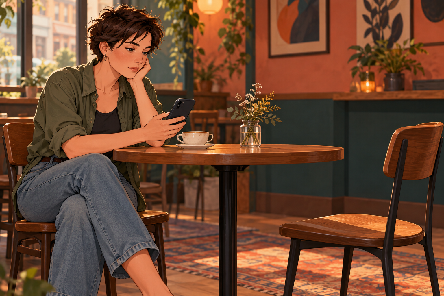 Illustration of a short-haired woman holding a phone at a café table, with an empty wooden chair opposite.