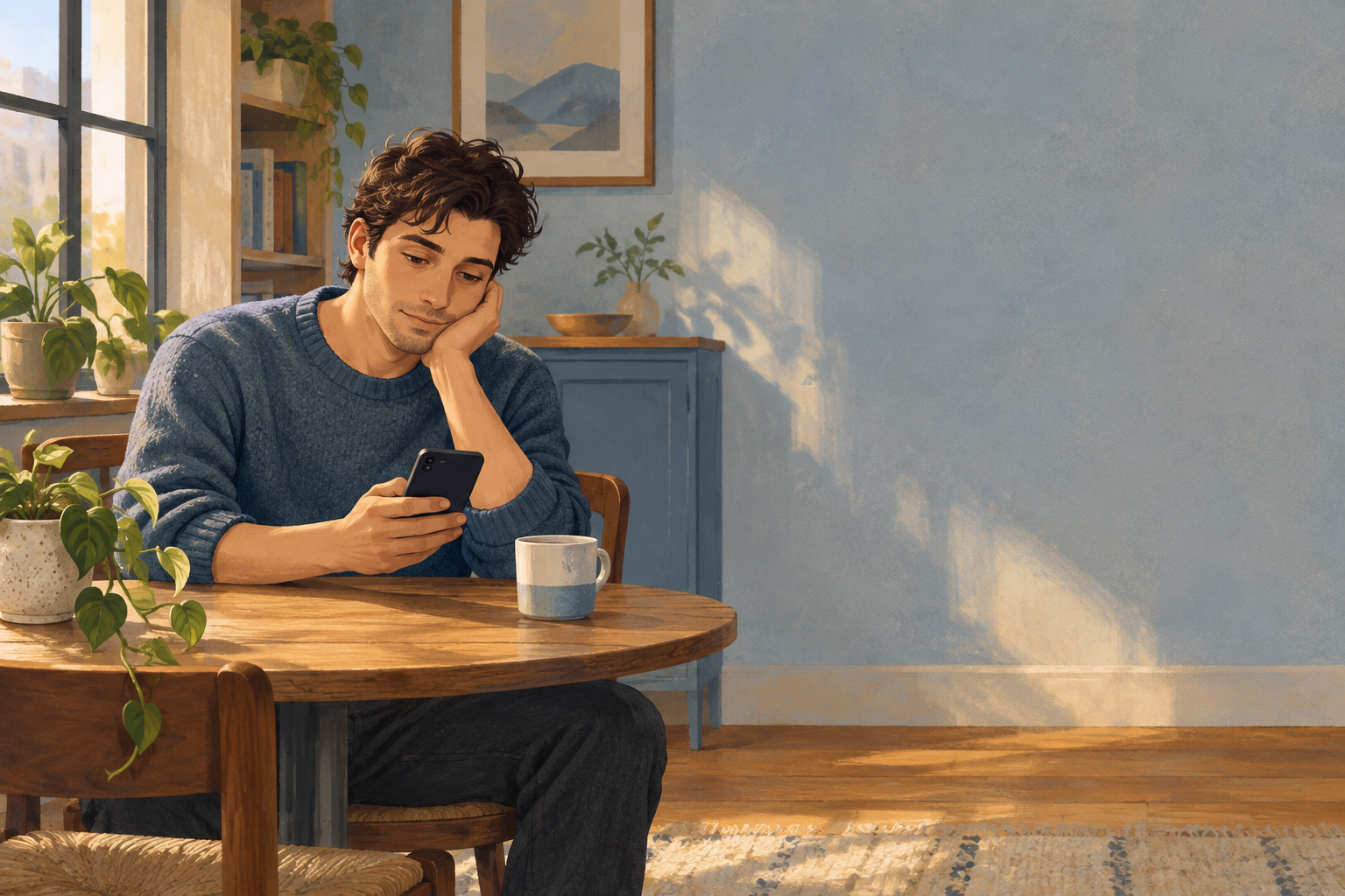 Illustration of a seated man holding a phone beside a mug in a sunlit room.