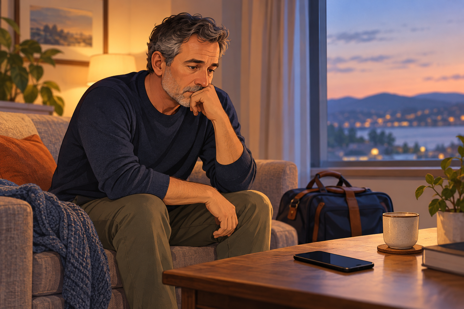 Illustration of a gray-haired man sitting on a sofa beside a phone on a coffee table and a small travel bag.