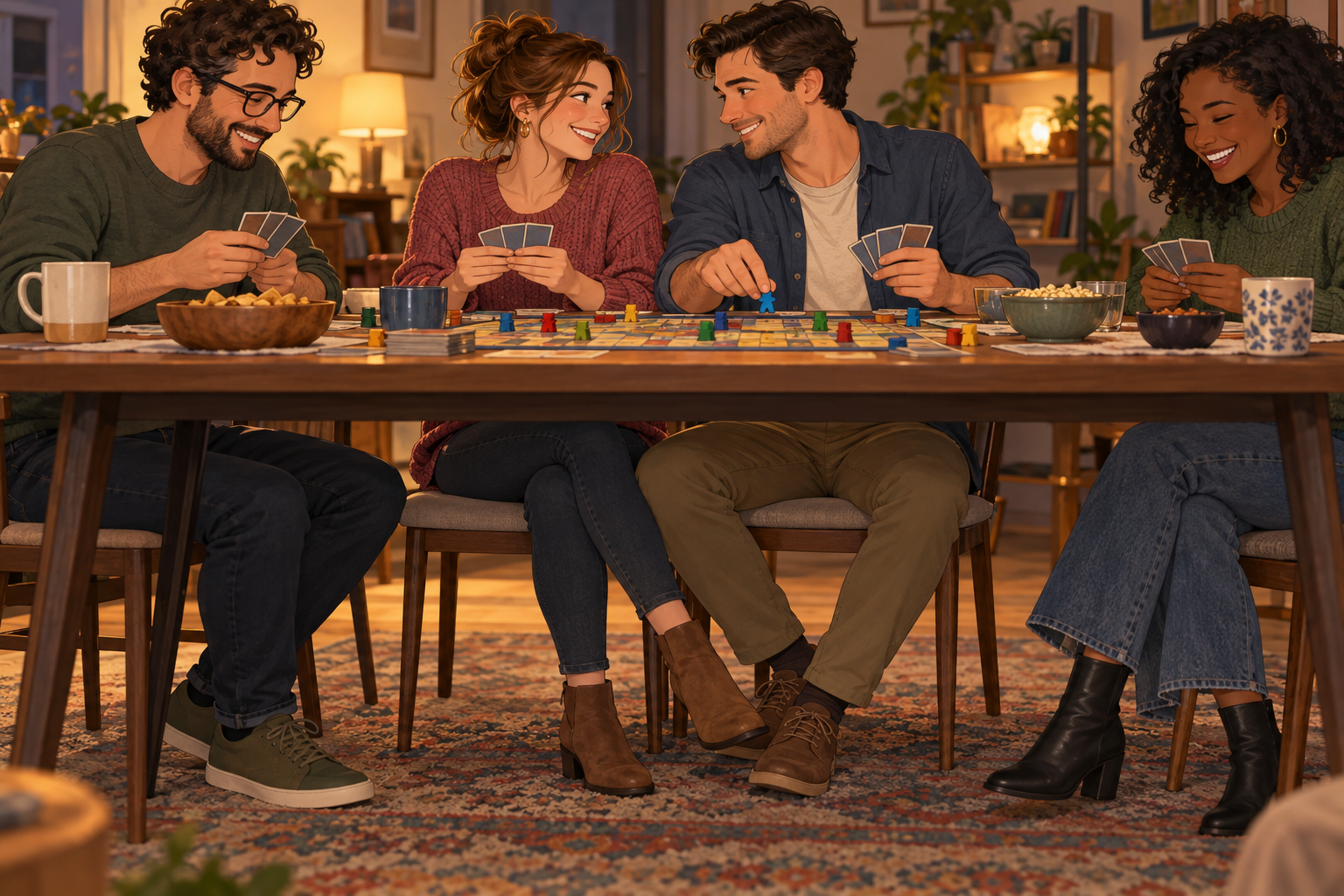 Illustration of four adults playing a tabletop game, with a woman and man sitting close together in the middle.