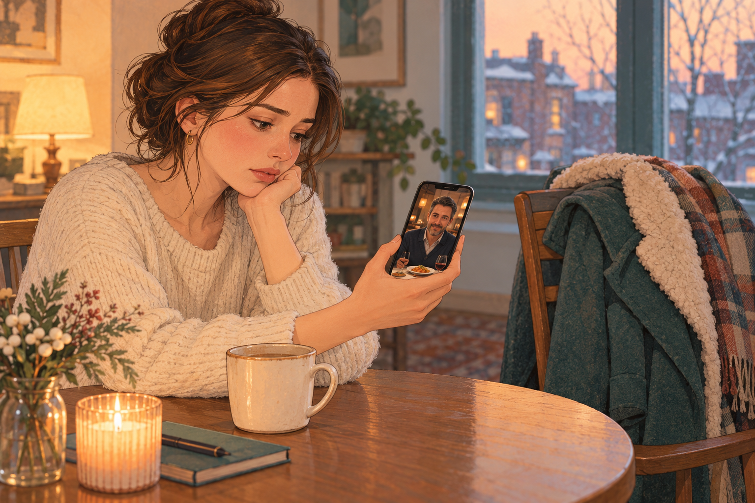 Illustration of a woman holding a phone showing a man with a restaurant meal, with a winter coat on the next chair.