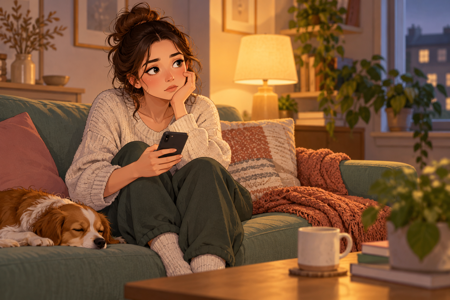 Illustration of a woman in a cream sweater holding a phone on a green sofa beside a sleeping dog.