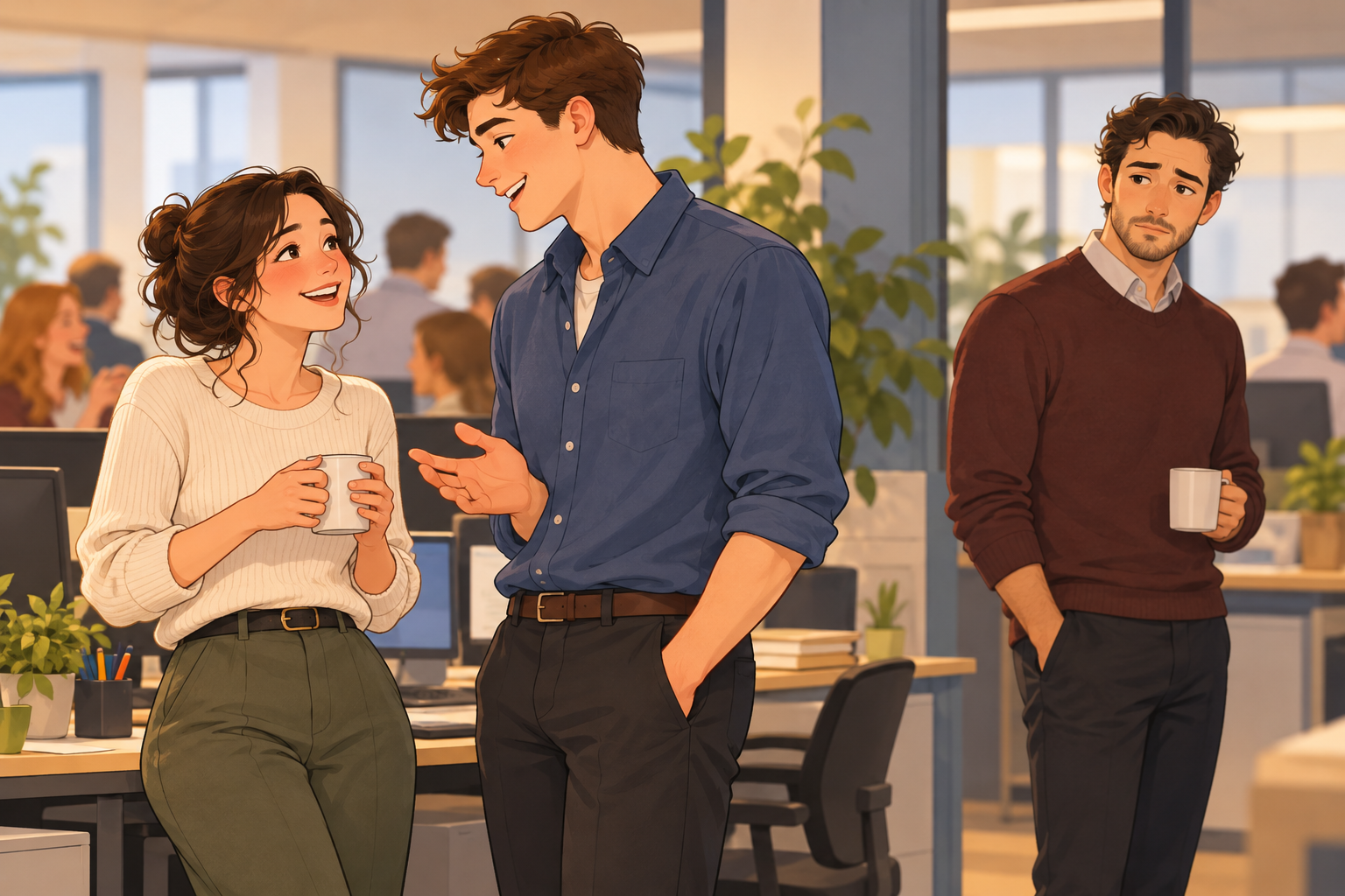 Office illustration of a woman in a cream sweater talking to a man in blue, with another man holding a mug nearby.