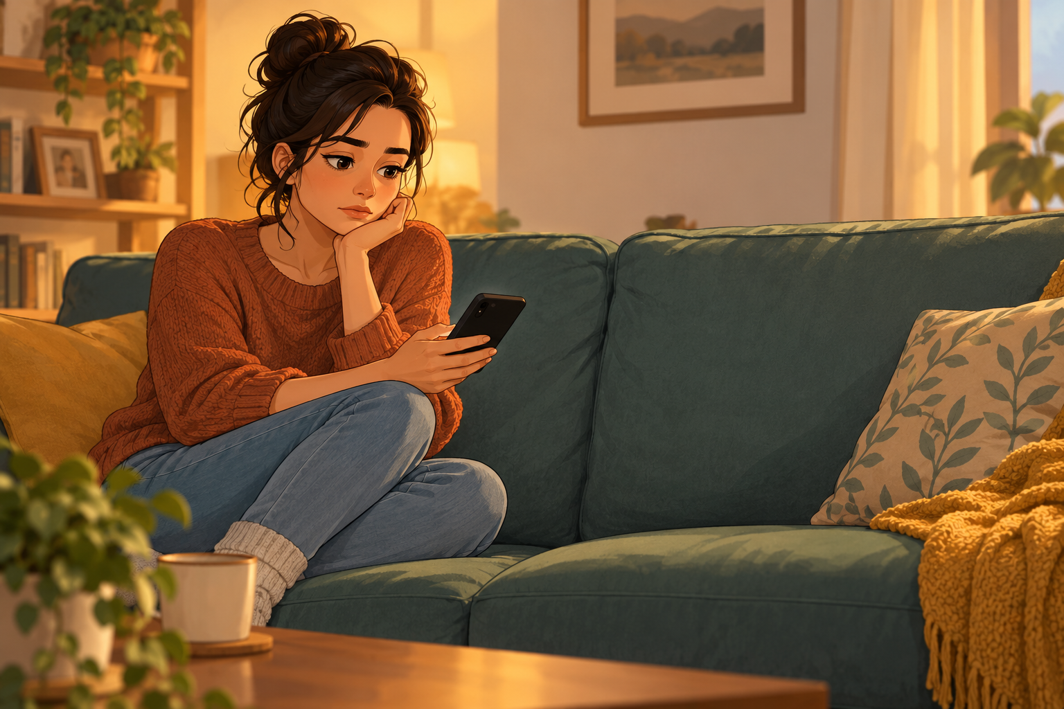 Illustration of a woman in an orange sweater looking at her phone beside an empty space on a teal sofa.