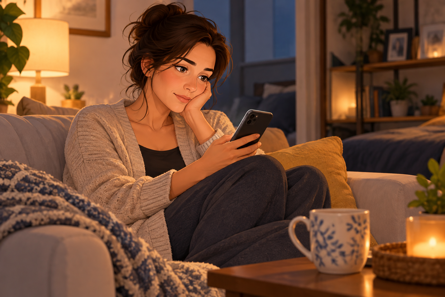 A woman in a cardigan sits on a sofa, holding a phone with her head resting on her other hand.