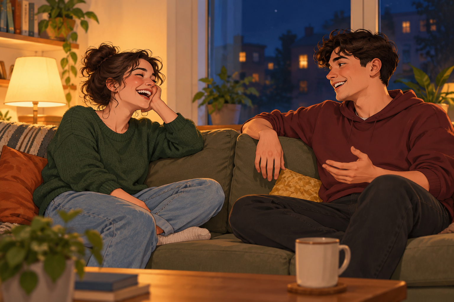 Illustration of a woman in a green sweater and a man in a burgundy hoodie laughing on a couch at night.