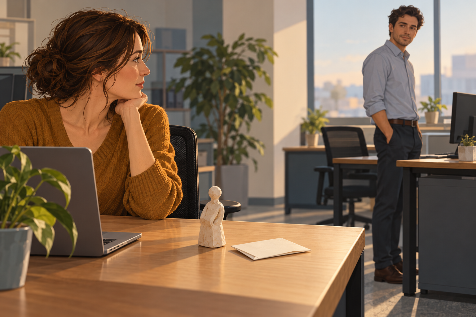 A seated woman looks toward a male colleague across an office, with a small figure and a letter on her desk.