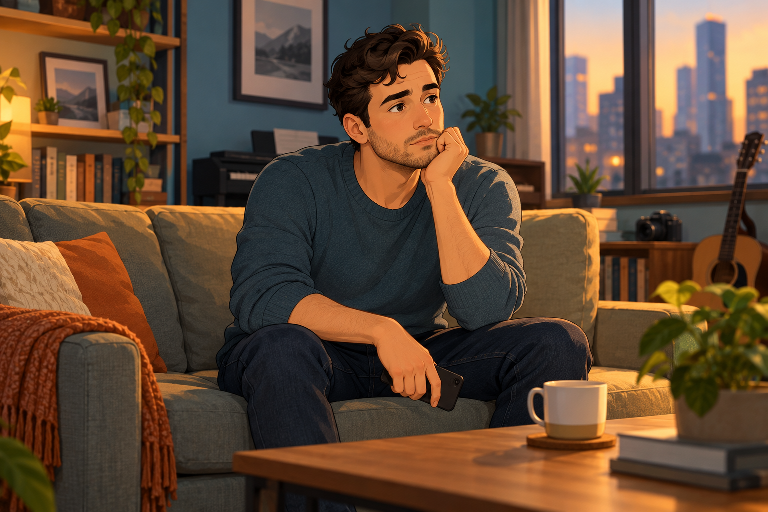 Illustration of a man resting his chin on one hand and holding a phone on his lap.