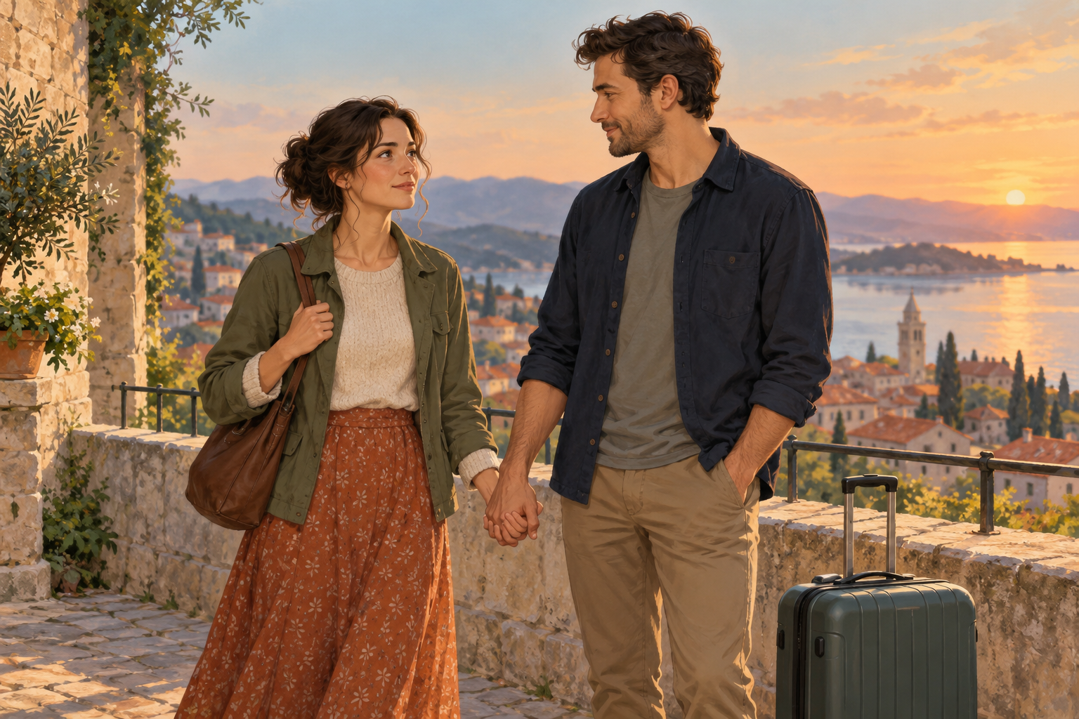 Illustration of an adult woman and man holding hands beside a suitcase, overlooking a waterfront at sunset.