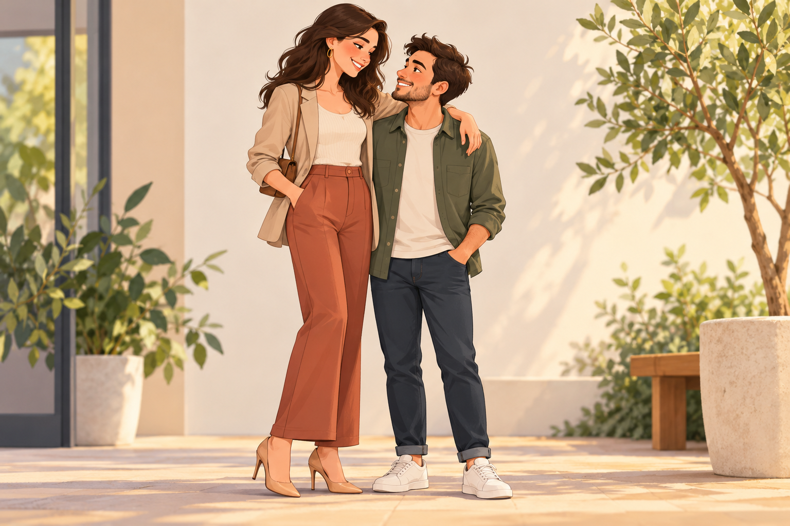 Cartoon of a woman in heels with her arm around a shorter man beside potted plants.