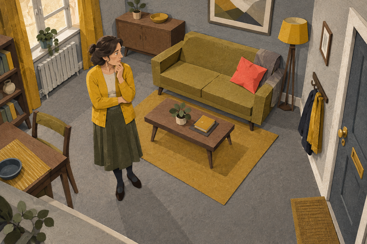 A fully clothed middle-aged woman in a small, tidy rented living room with gray walls, old angular furniture and a bright coral cushion.