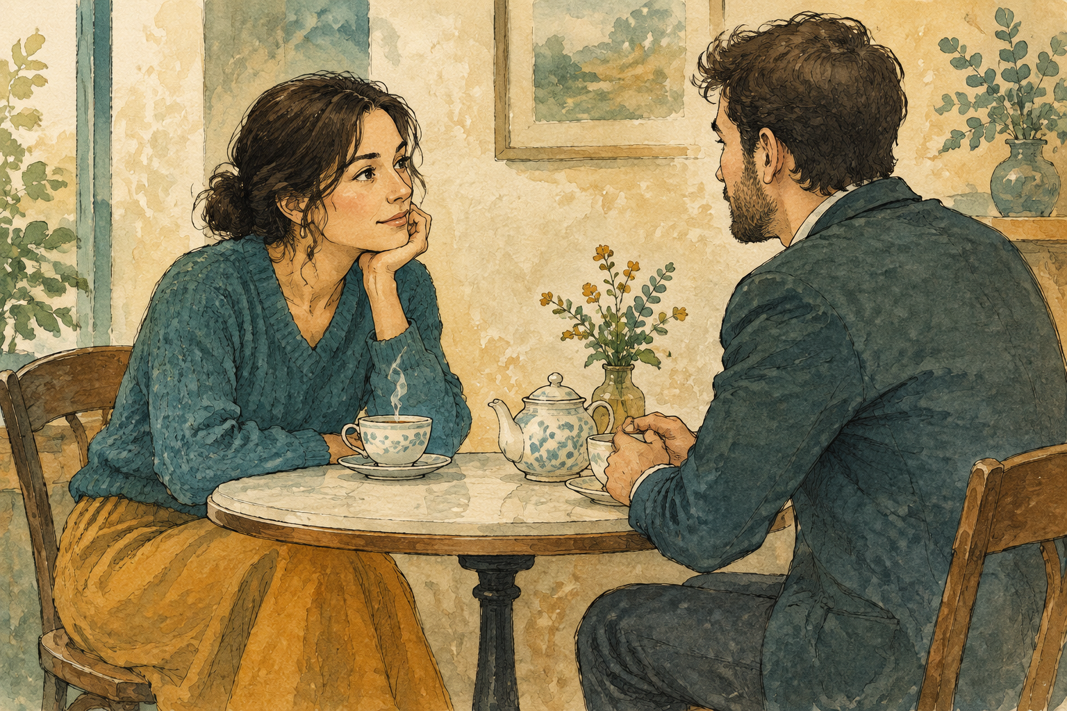 Illustrated adult woman and man sitting across from each other at a small tea table, with steam curling from her cup.