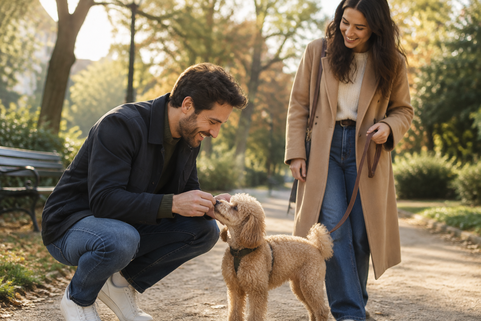 A fully clothed man offers a treat to a small poodle beside its owner at the end of a park walk.