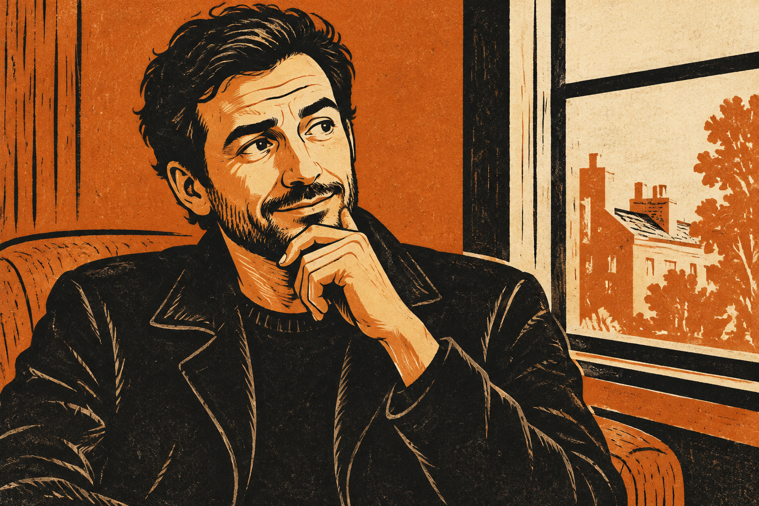 Linocut-style portrait of a fully clothed man in a dark jacket seated by a window, with a thoughtful, slightly amused expression.