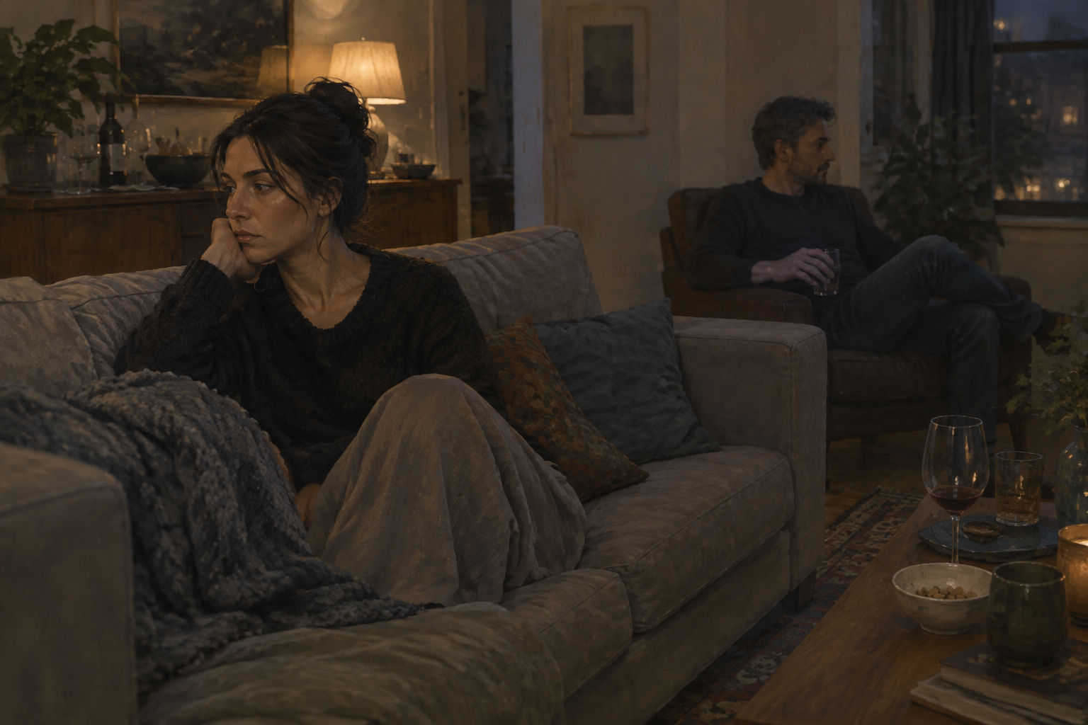 A woman sits quietly on a sofa in a dim living room while her partner sits at a distance.