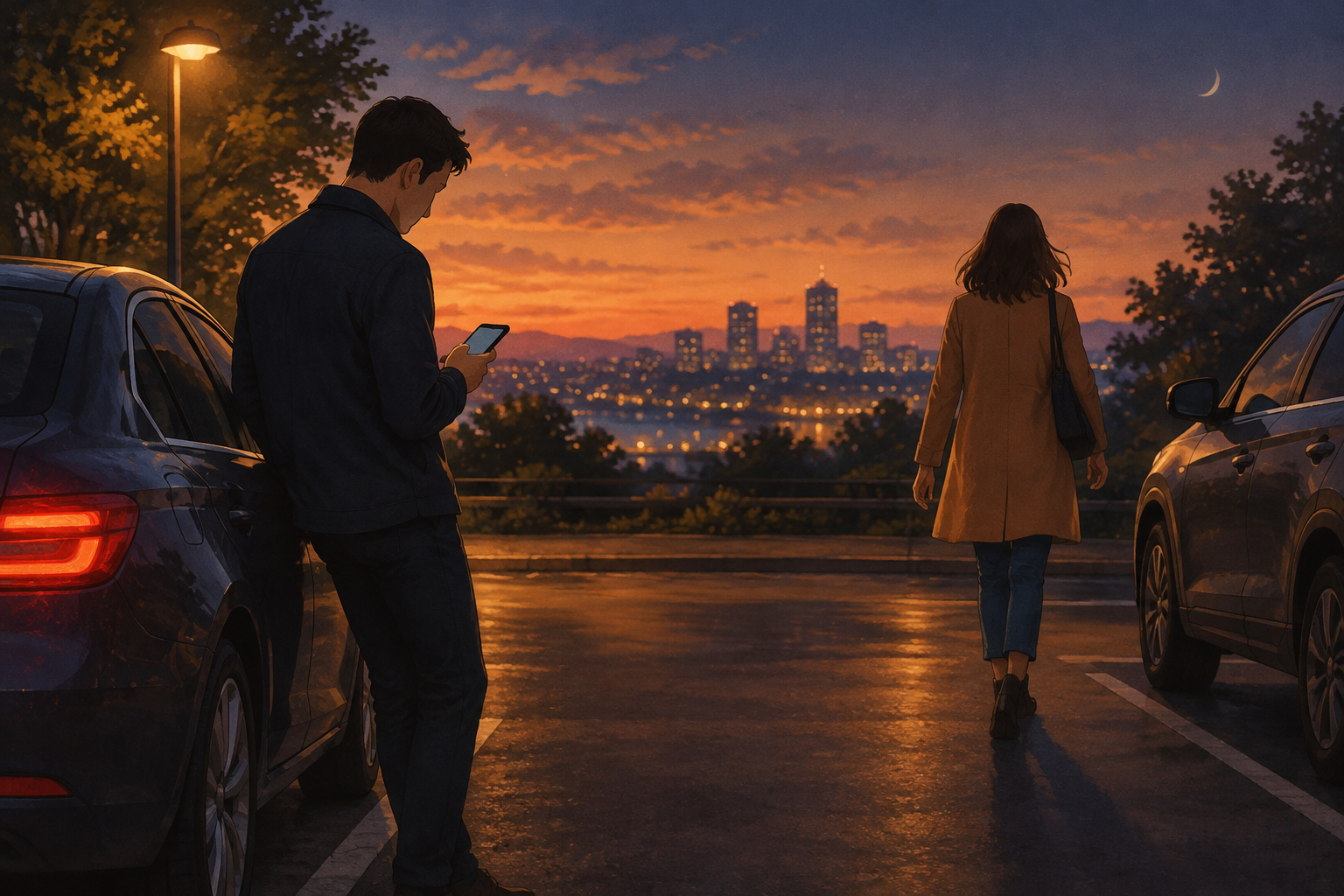Two adults stand beside parked cars at dusk after a date; one looks at a phone while the other walks away.