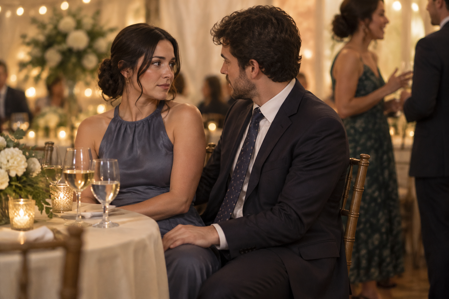 At a wedding reception, one seated adult gently touches their partner’s thigh while another guest stands in the background.