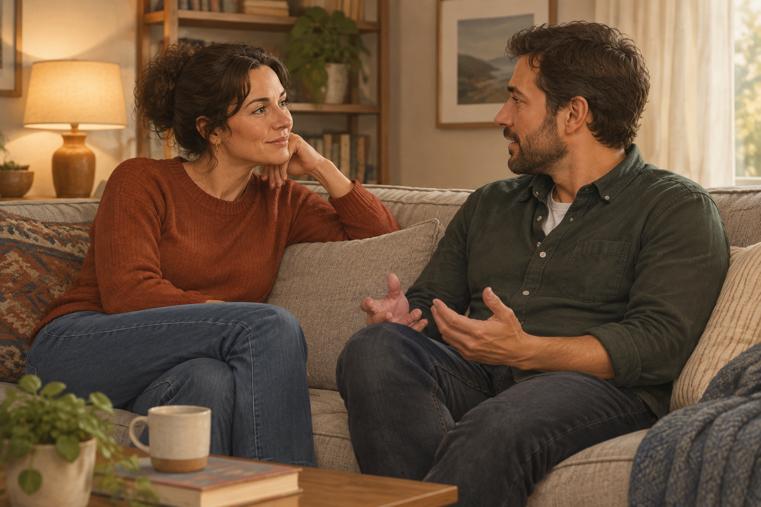 A woman in a rust-coloured sweater and a man in a green shirt sit facing each other on a sofa.