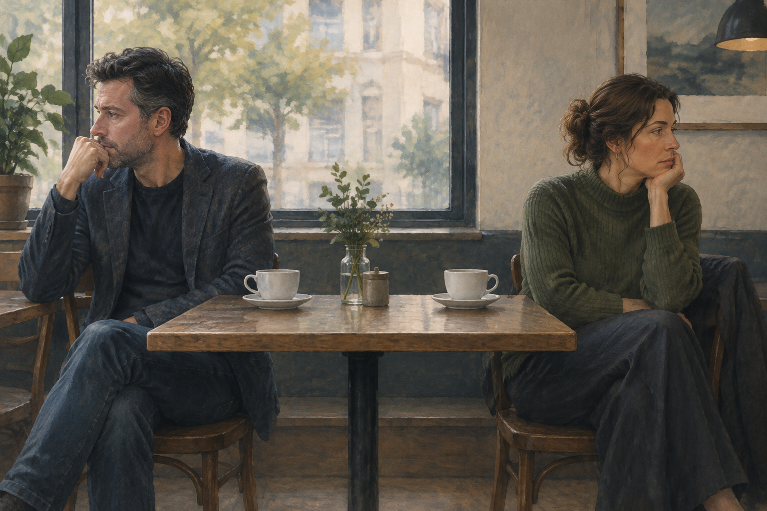 A man and a woman sit at opposite sides of a café table, looking away from each other. Two cups stand between them.