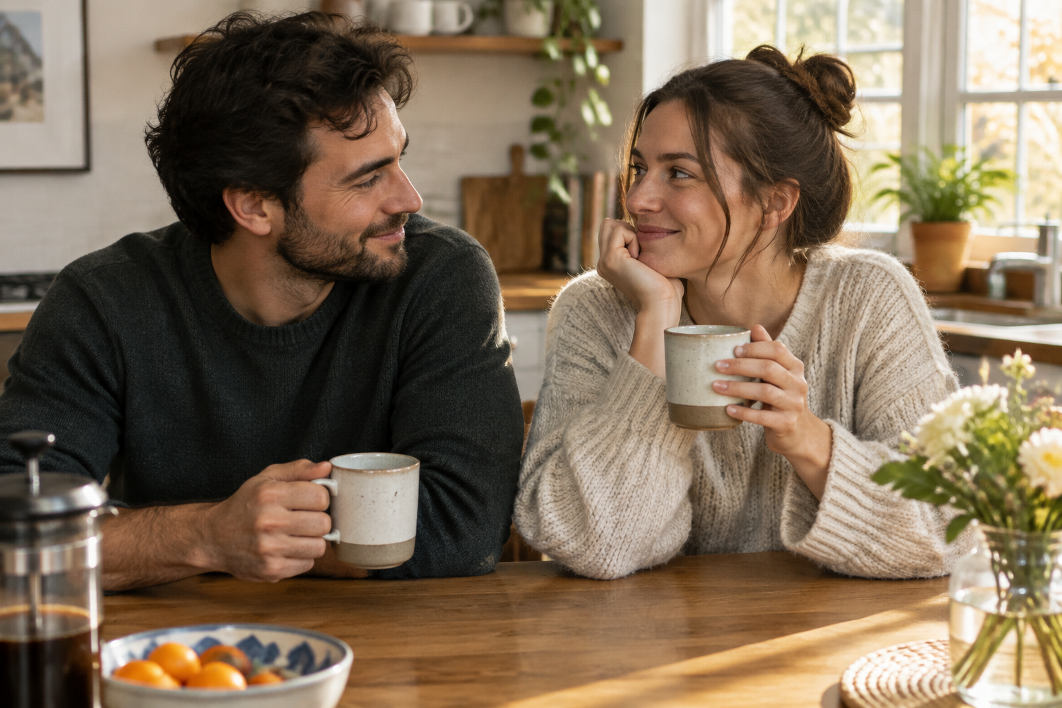 A man and a woman smile at each other across a kitchen table, each holding a mug.