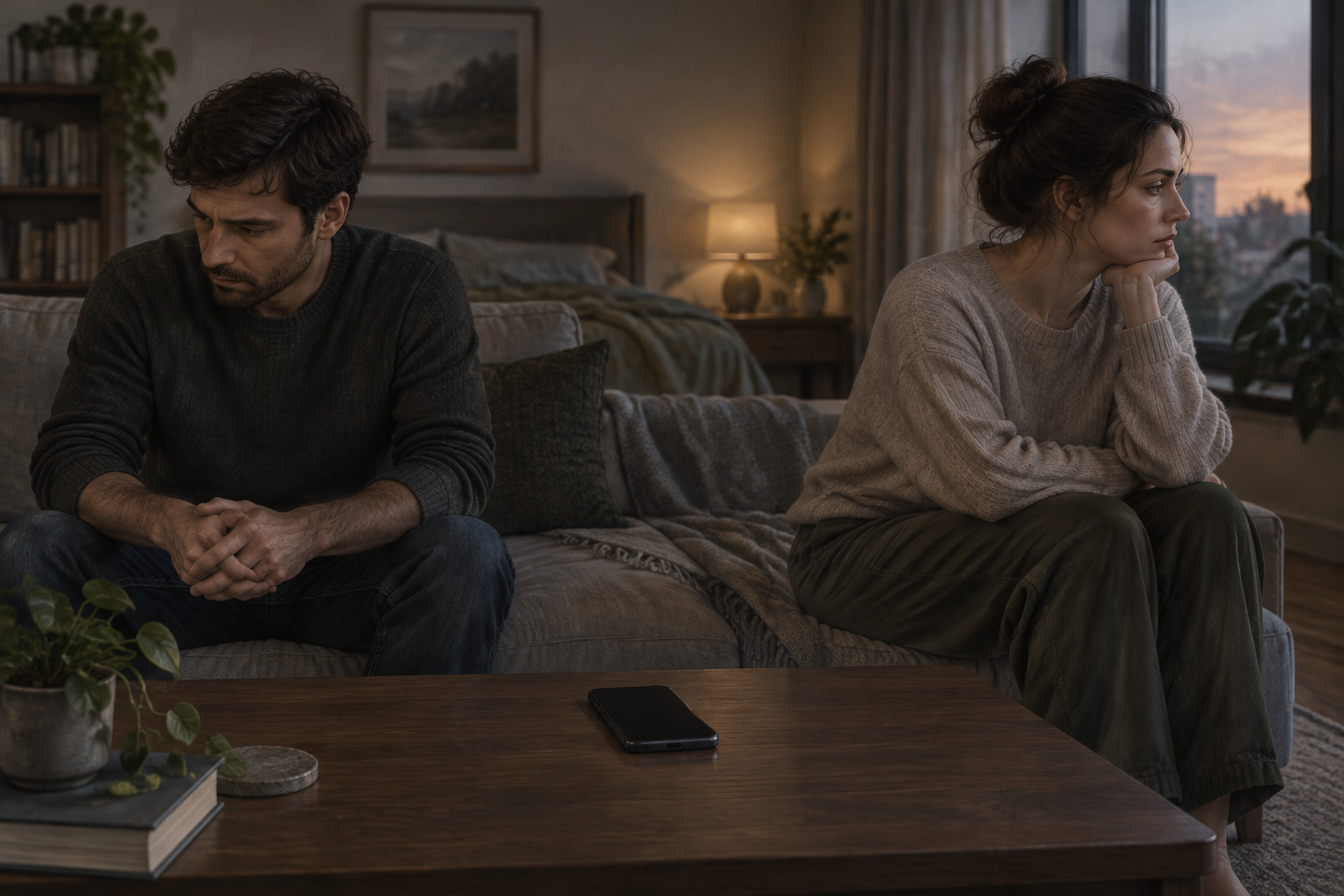 Two fully clothed adults sit apart in a softly lit room, with a phone resting on the table between them.