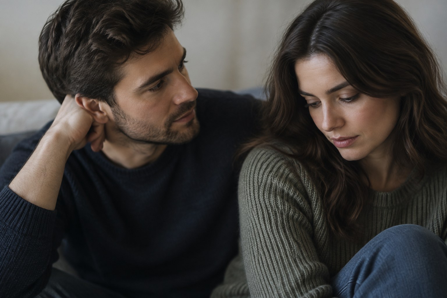 A man in a dark sweater looks toward a woman in a green sweater as she looks down; they sit close together indoors.
