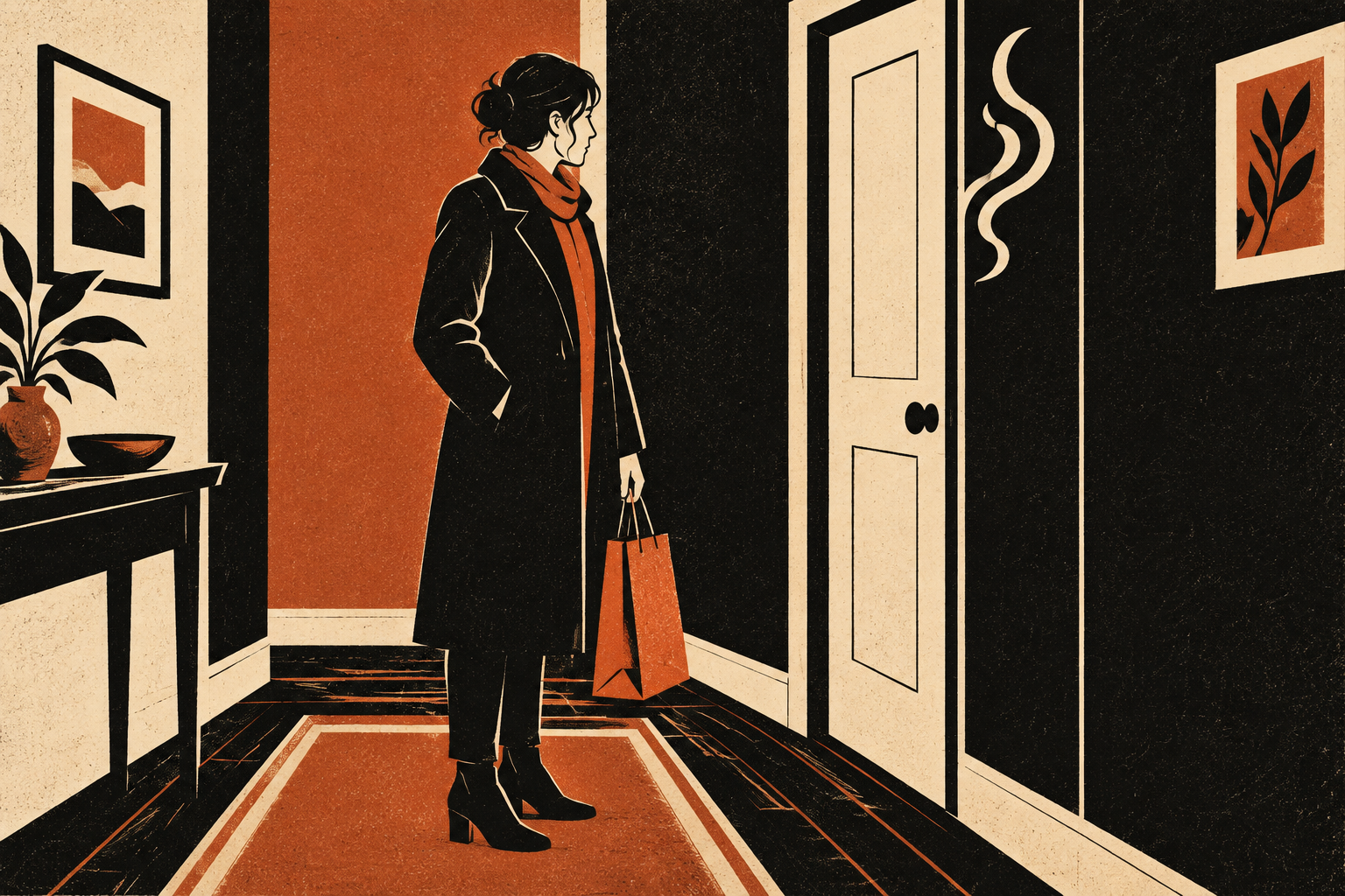 A woman holds a shopping bag beside a closed bathroom door in a home hallway.