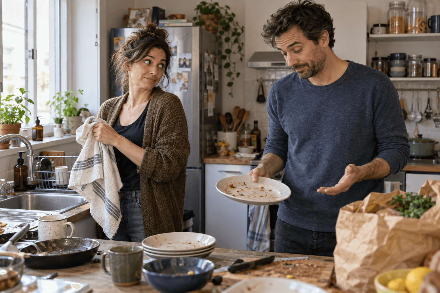 A couple discuss the dishes and clutter in their shared kitchen.