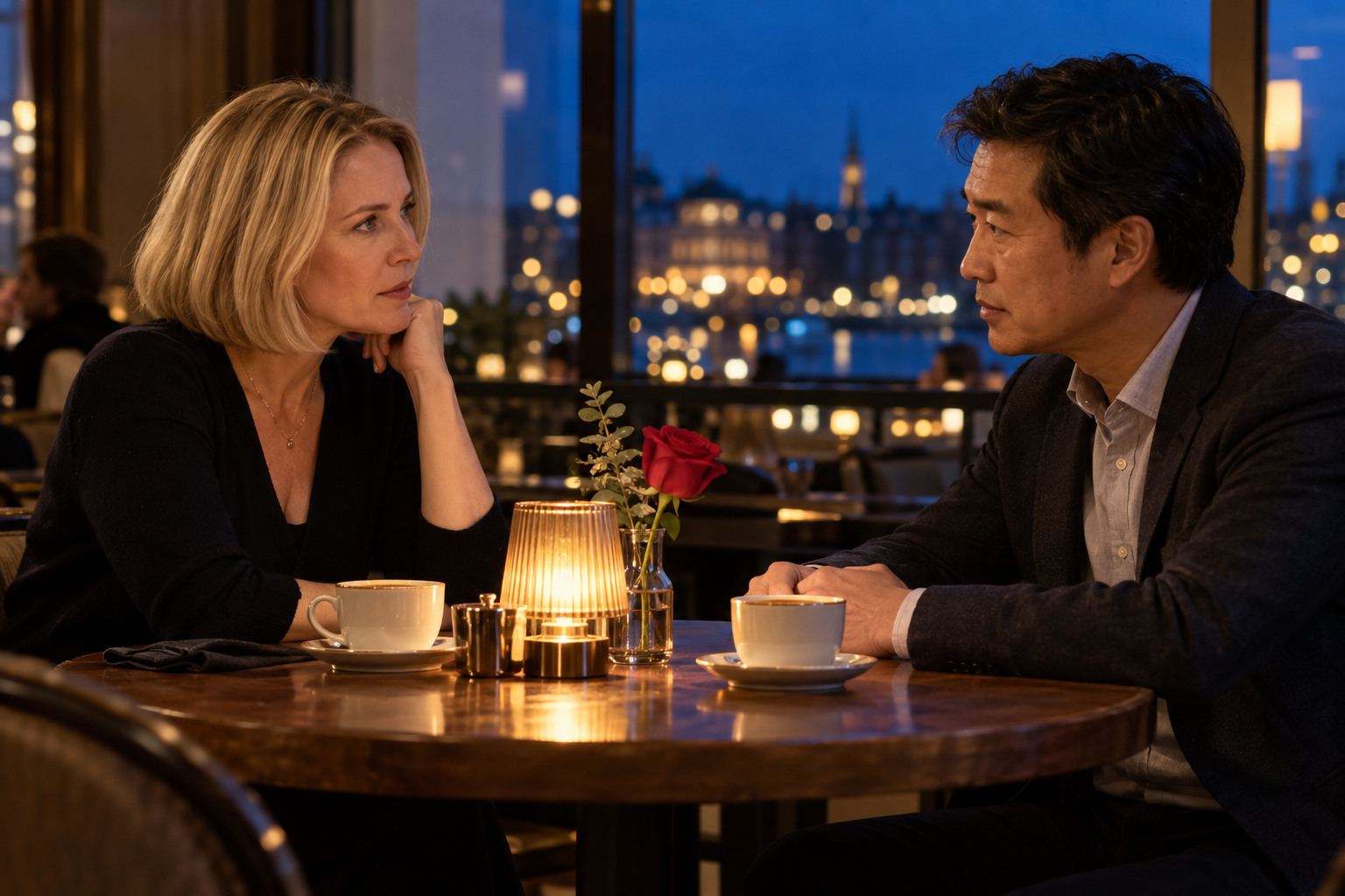 A couple have a serious conversation over coffee beside a red rose.